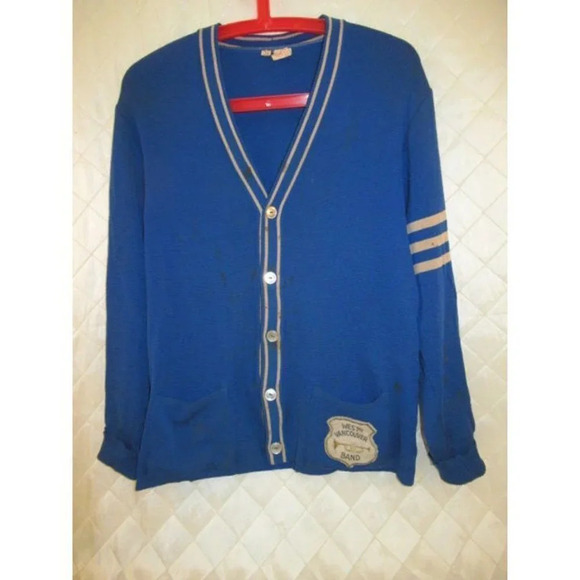 Letterman's Sweater Blue Wool Cardigan West Vancouver Band Knit BC Canada - Picture 5 of 10
